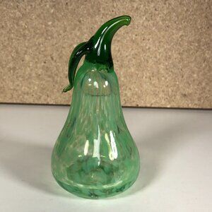 Art Glass Hand Blown Green Clear Pear Fruit Paper Weight Murano Style 4.5”